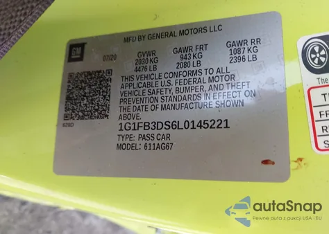 2020 Chevrolet Camaro Rwd 1Lt из США, поврежденный, VIN 1G1FB3DS6L0145221